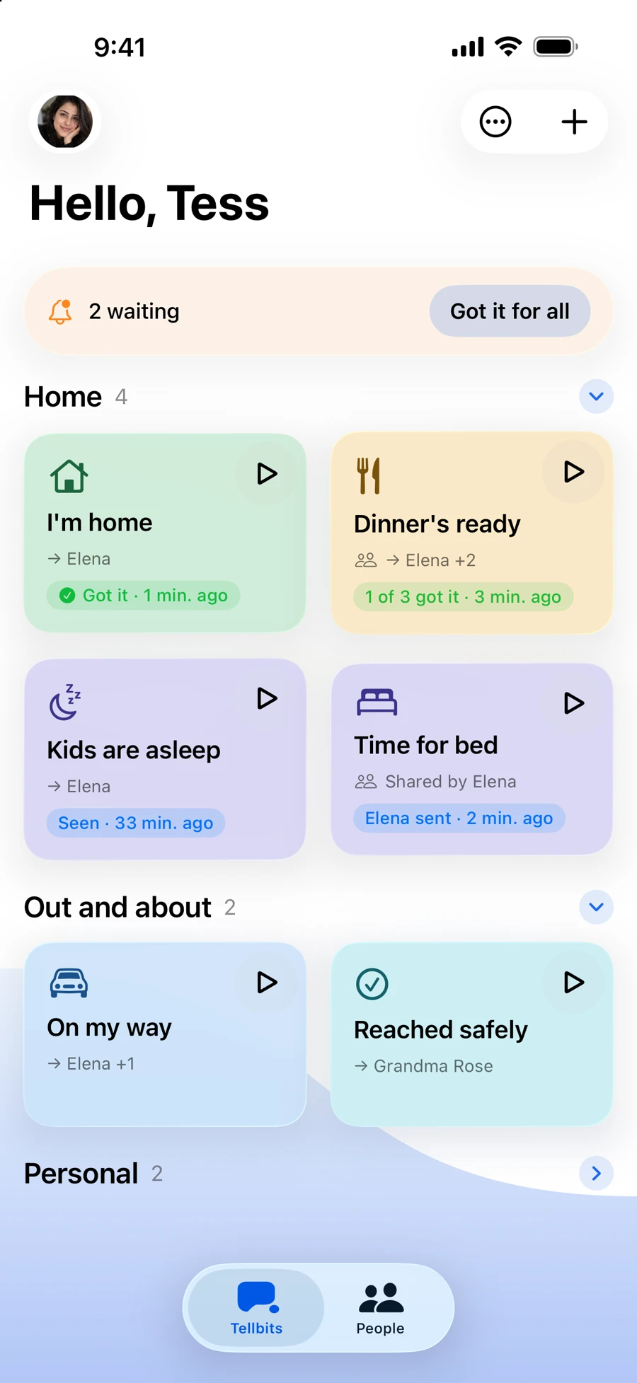 Tellbits grouped into collections called Home and Out and about