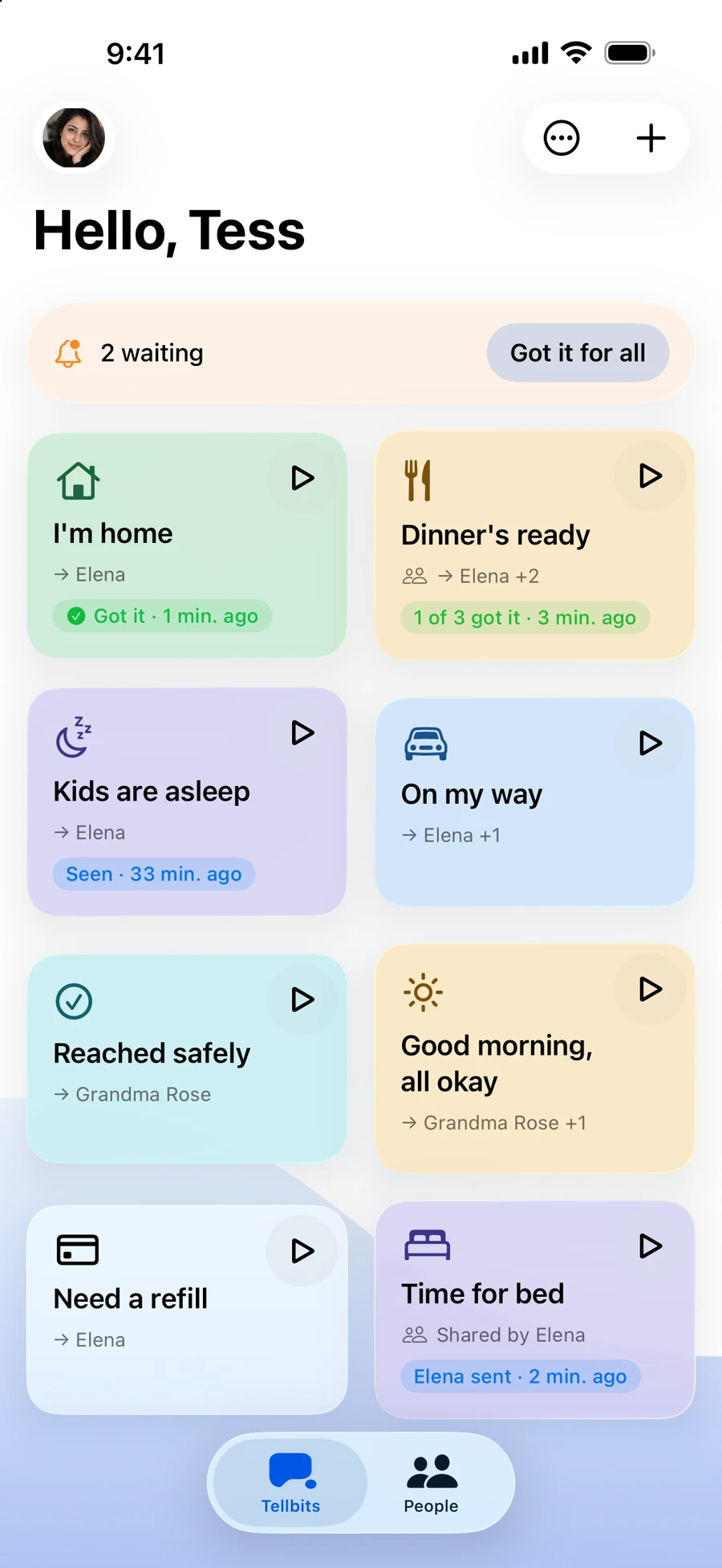 The Tellbit home screen with colorful Tellbits such as I'm home, Dinner's ready and Kids are asleep