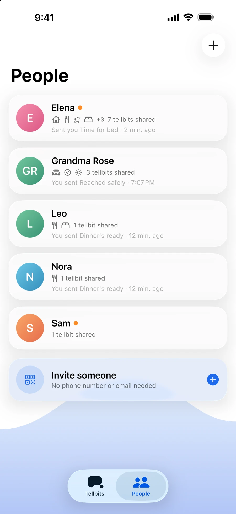 The People screen with friends and family you have connected with